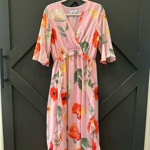 Gibson Latimer Pink Floral Wrap Midi Dress